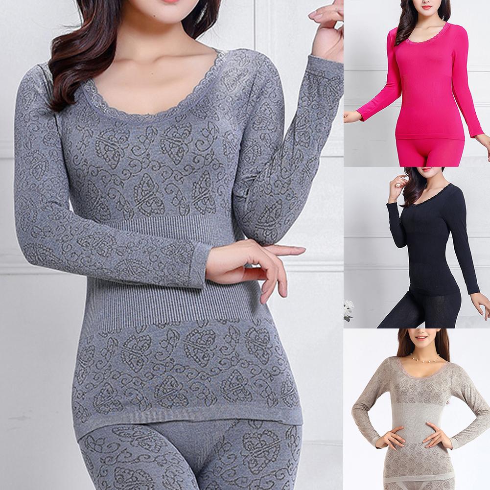 Women Sleepwear 2Pcs Autumn Winter O Neck Top Long Pants Thermal Underwear Elastic Warm Soft Sleepwear Set Christmas