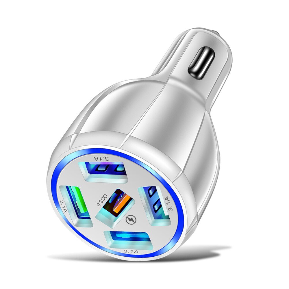 60w 15a 5 usb car charger  qc 3,0 fast charger led fast charging for iphone 12 samsung xiaomi huawei mobile phone charger adapter: White