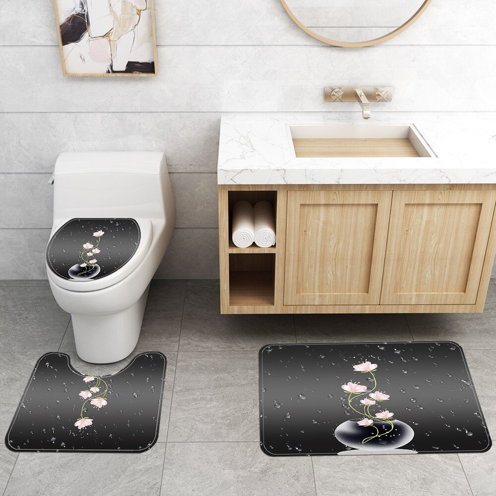 Gedrukt Bloemen Badmat En Douchegordijn Set Microfiber Wc Cover Badmat Badkamer Voet Mat Absorberende Wc Vloer Tapijt