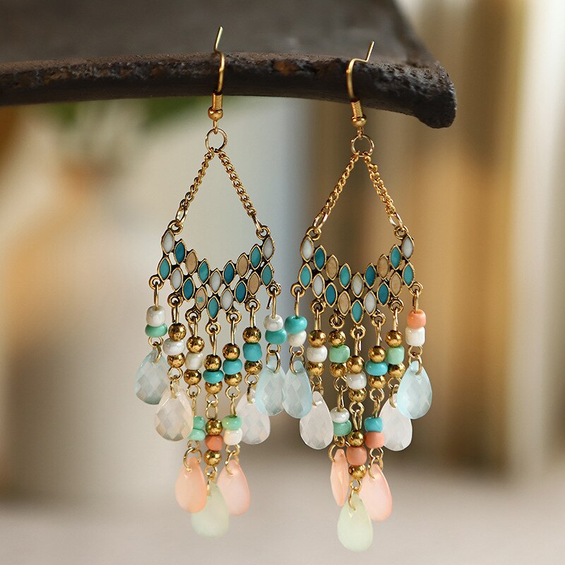 Bohemian Ethnic Flower Ladies Earrings for Women Boho Vintage Alloy Carved Beads Tassel Dangle Earrings Indian Jewelry: E1792-3 mixing