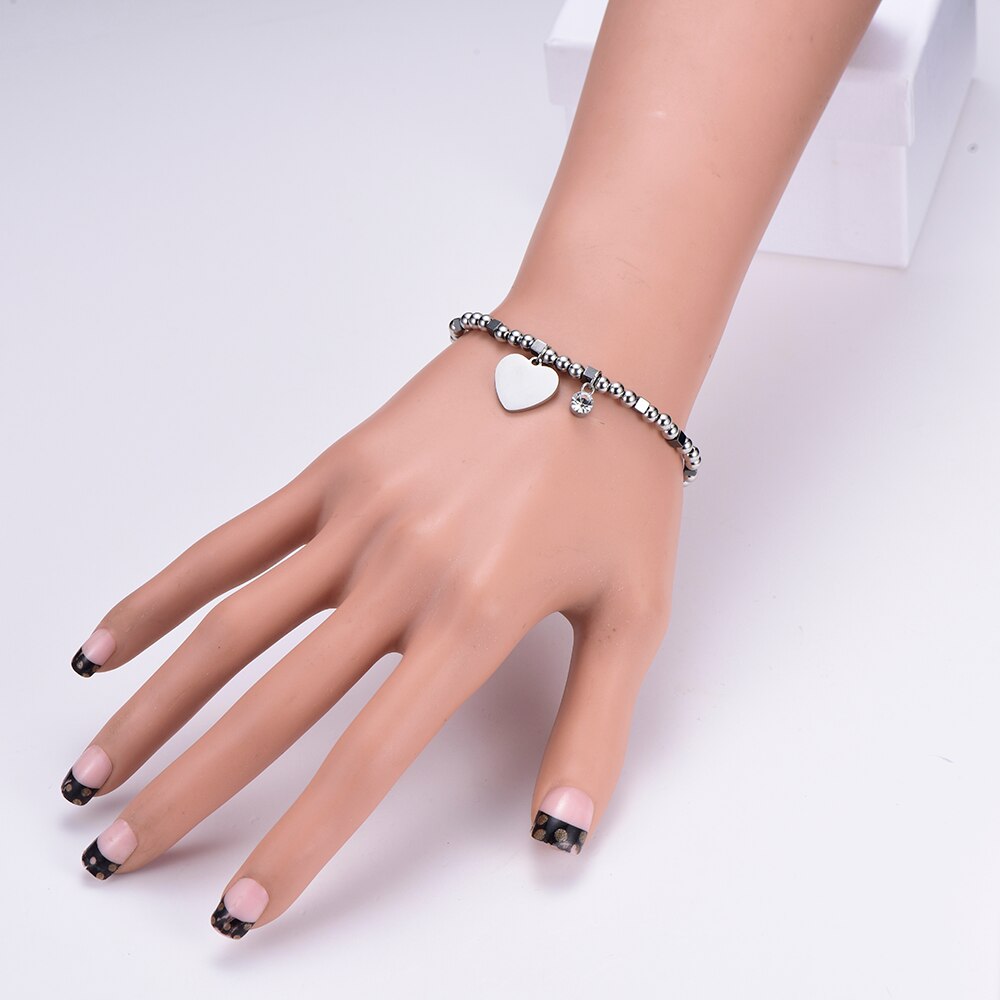 Pulsera colgante de corazón de acero inoxidable para mujer, pulsera brillante con cuentas de cristal CZ, pulseras para mujer, ,