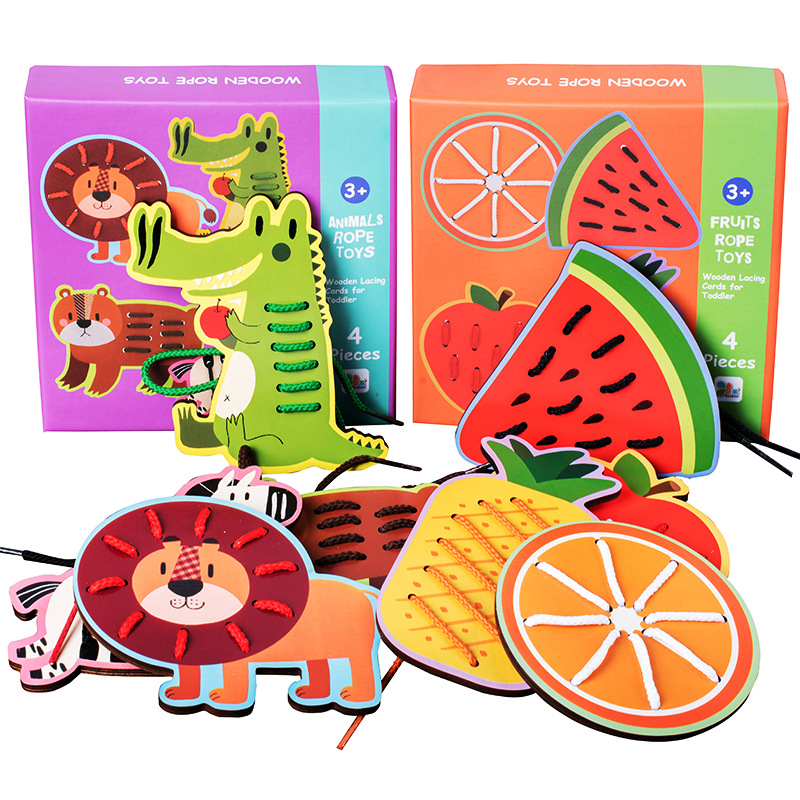 4 Stks/set Cartoon Dier Fruit Threading Boord Kinderen Educatief Vroege Houten Desktop Speelgoed Game Leven Vaardigheden