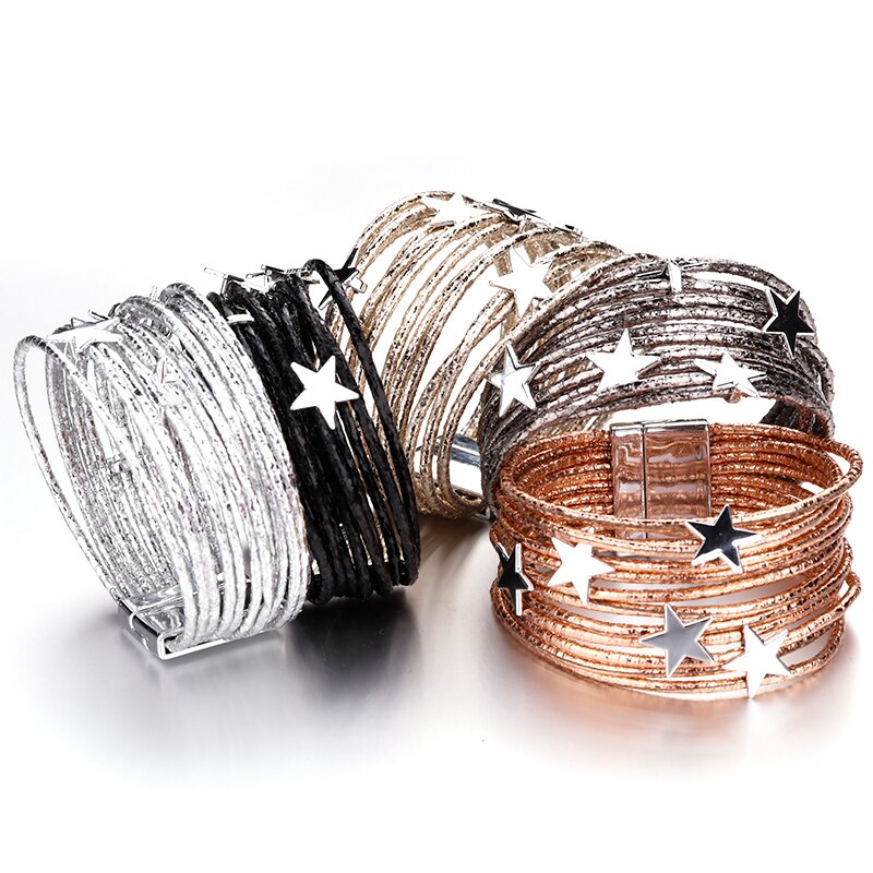 ALLYES Bohemian Leather Bracelets For Women Pentagram Metal Charm Boho Multilayer Wrap Bracelet Femme Jewelry