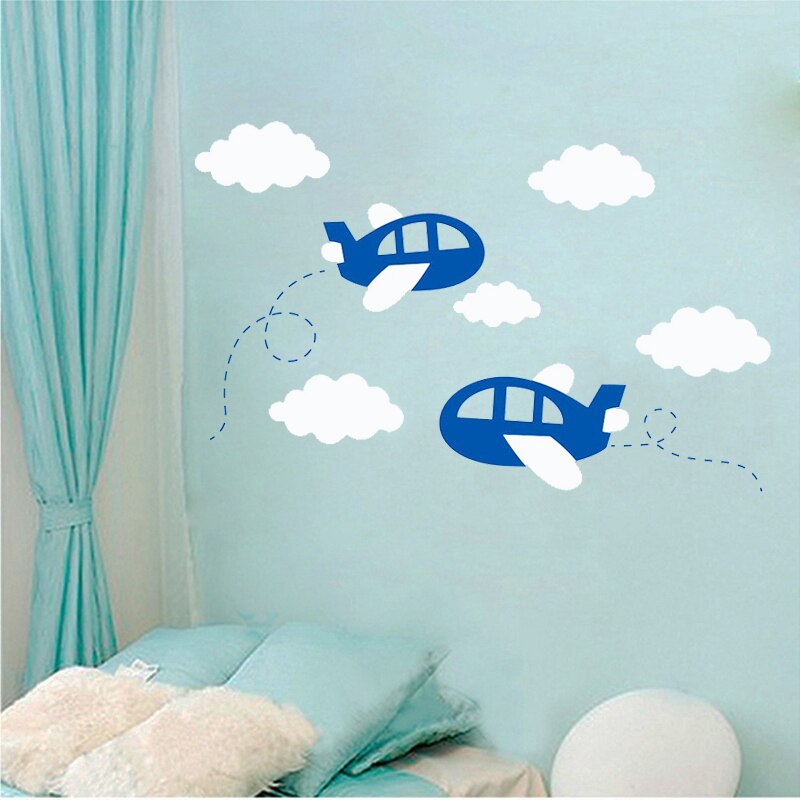 Airplane Wall Sticker Large Nursery Decor Wall Stickers For Kids Room Aircraft Wall Art Decals Plane Clouds Decal Art T180313