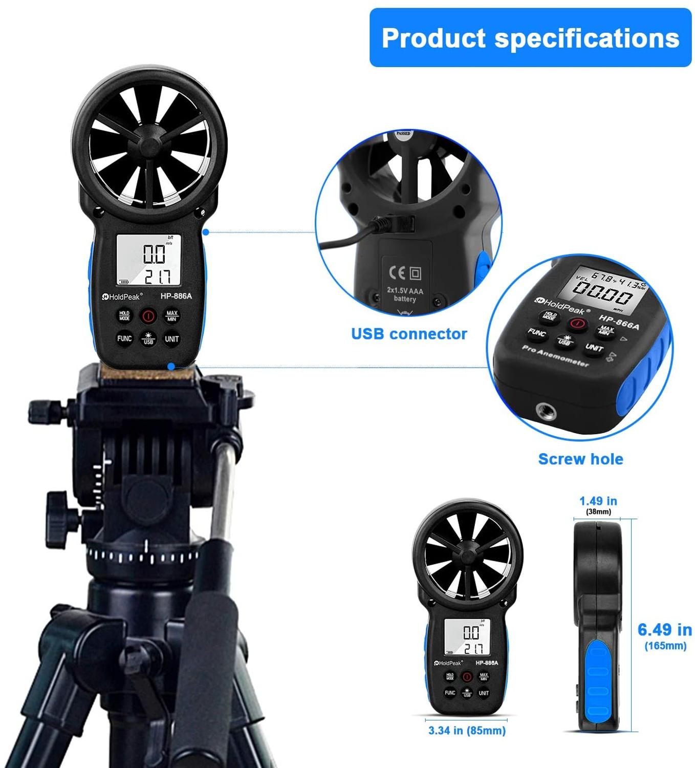 HoldPeak 866A Digital Anemometer - Wind Speed Meter Measures Wind Speed,Temperature,Wind flow with Data Hold & USB