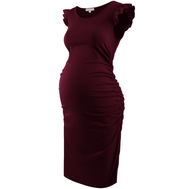 Zwangerschap Moederschap Jurken Flying Mouwen Ruches Side Zomer Zwangere Vrouwen Jurk Voor Baby Shower Party: burgundy red / S