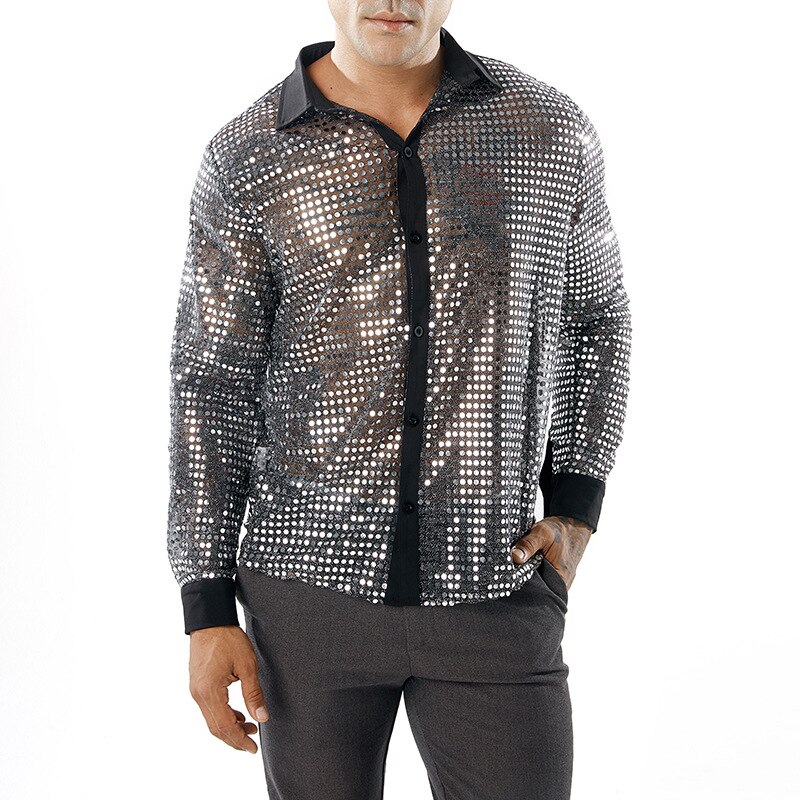 Discothèque sexy paillettes hommes chemise évider punk blouse décontractée chanteur scène costume homme or noir chemise à manches longues