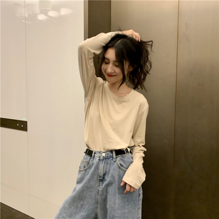 Lange Mouwen T-shirts Vrouwen Solid Simple Basic Casual Mode Ulzzang Studenten O-hals 2XL Zachte Streetwear: regular-apricot / S