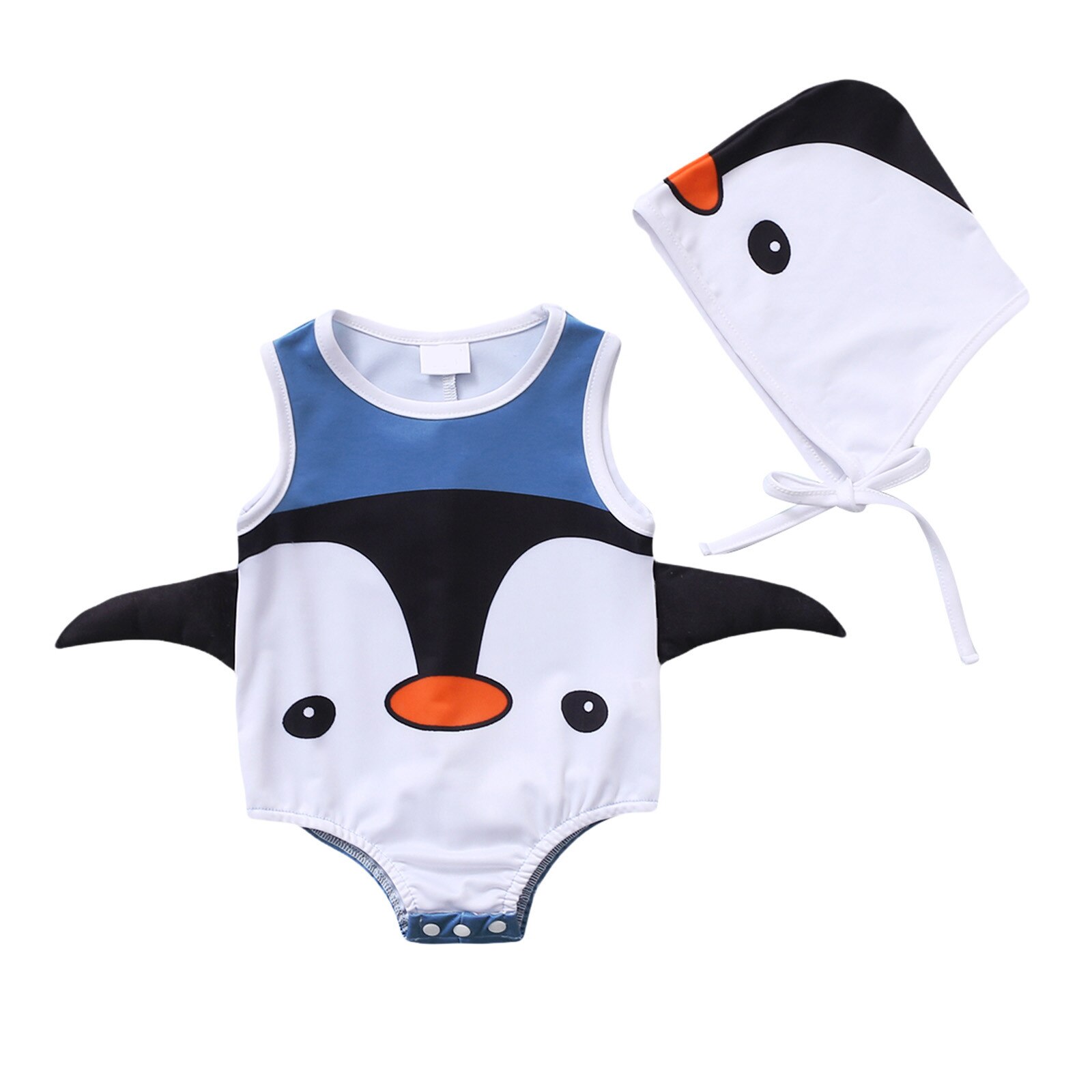 Summer Swimsuit Toddler Baby Boys Girls Clothes One Piece Cartoon Penguin Printed Swimsuit Swimwear Hat Children's Clothing: Blue / 18M