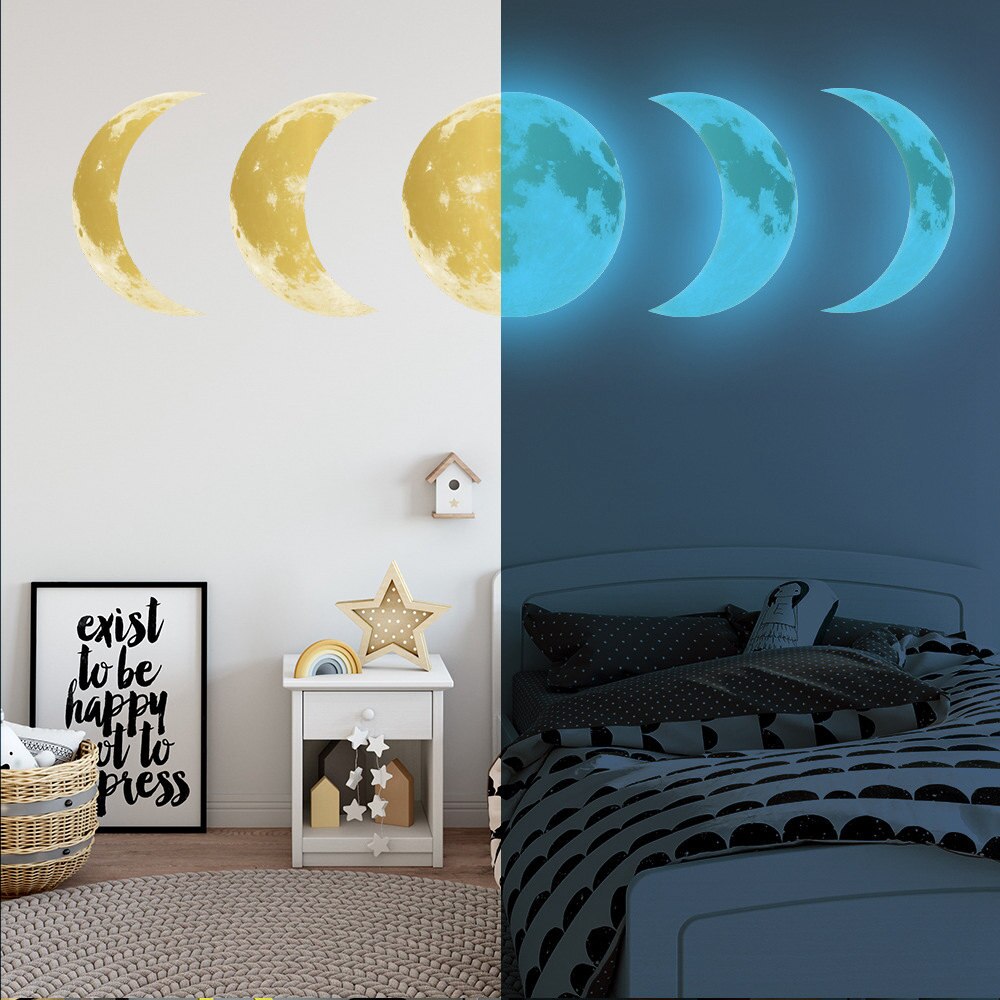 Lichtgevende Maan Fase Diagram 3D Muurstickers Voor Kinderkamer Woonkamer Plant Glow In The Dark Stickers Wall Art home Decor: Gold Blue Light