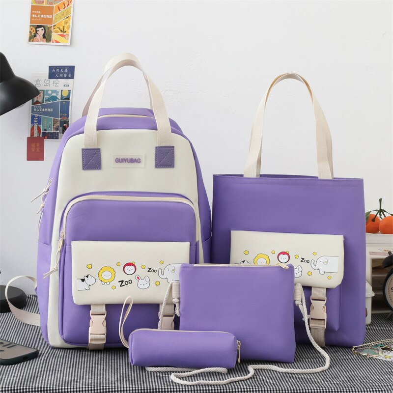 Qyahlybz 4 piece primary school student color matching bag middle school student backpack school children&#39;s girls backpacks: purple