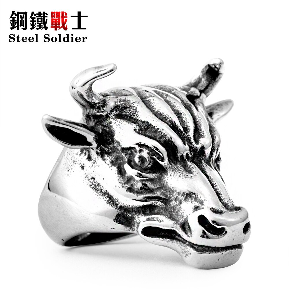 Steel soldier ox skeleton head ring for men 316l stainless steel ring punk vintage men jewelry