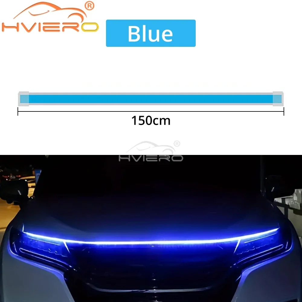 Bil led-lys bar 59in 12v motorhjelm lamper start scanning universel fleksibel auto dekorativ atmosfærisk dynamisk pære tilbehør: Krystalblå
