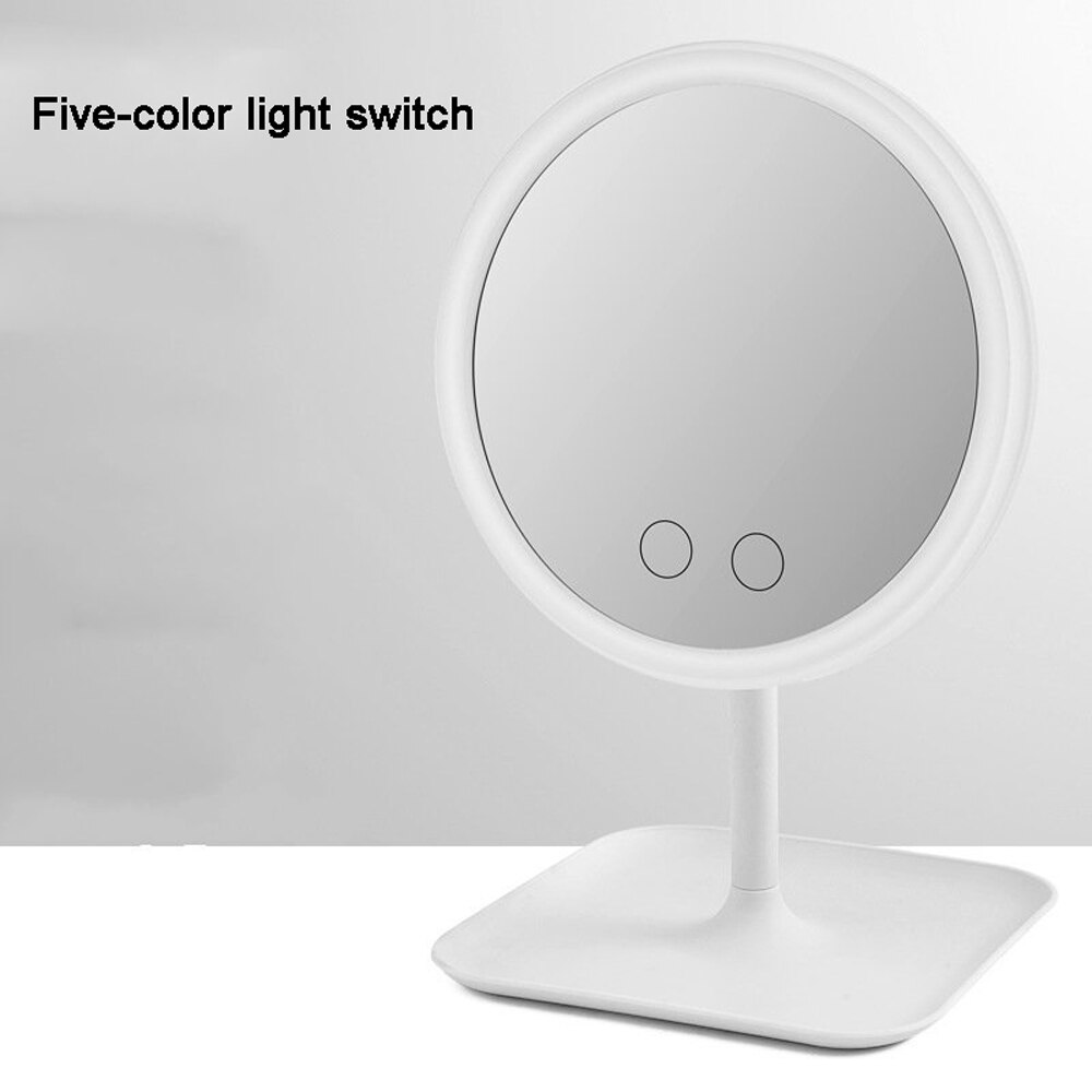 Espejo LED de sobremesa para maquillaje ligero, espejo con luz de relleno, espejo de belleza portátil inteligente con pantalla táctil opcional, brillo, carga USB: White five color