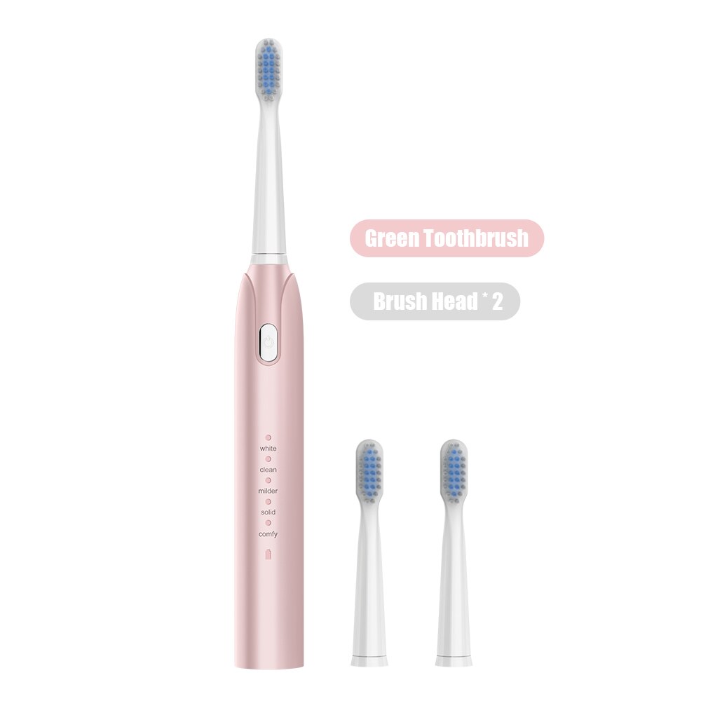 Electric Toothbrush With Two Brush Heads Adult Five-speed USB Rechargeable Teeth Brush Powerful Ultrasonic Electric Toothbrush: Pink