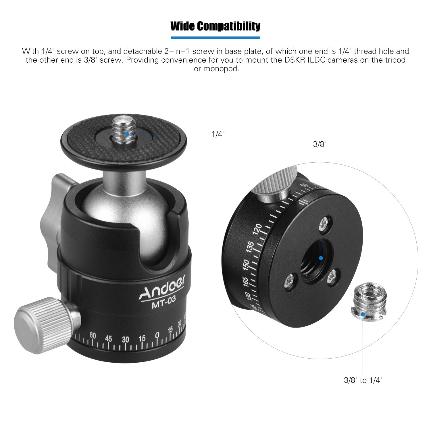 Andoer MT-03 Mini Testa A Sfera Treppiede Della Macchina Fotografica DSLR Monopd Ballhead con a Forma di U Tacca Max. carico 5KG 11LB Fotografare Accessori