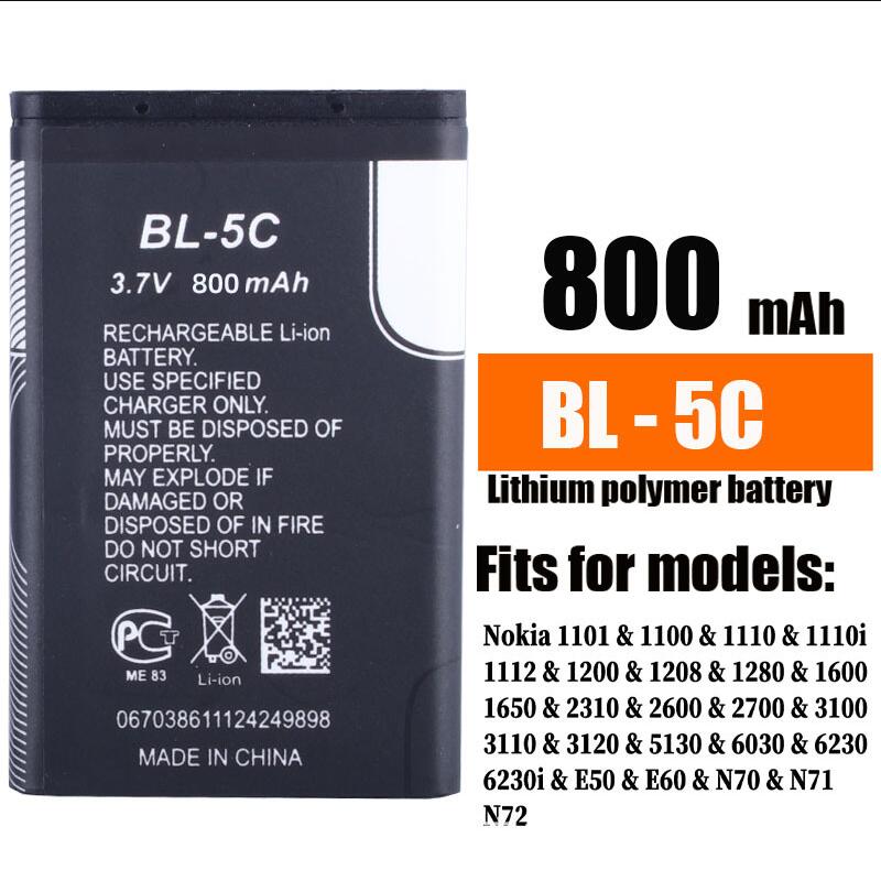 3.7V 600Mah Batterij BL-5C BL5C Bl 5C Oplaadbare Batterijen Voor Nokia 2112 2118 2255 2270 2280 2300 2600 2610 3125 3230 1Pcs