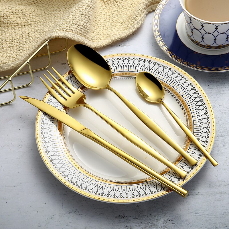 Rustfrit stål bestik sølvtøj ske spisestel sæt mat guld bestik knive gafler skeer spisestel sæt miljøvenligt: Guld 1 sæt