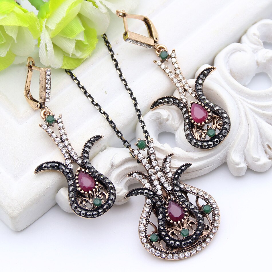 Vintage turkiska kvinnor tulpan blomma smycken set antik guld färg harts örhänge strass halsband nigeria brud smycken set
