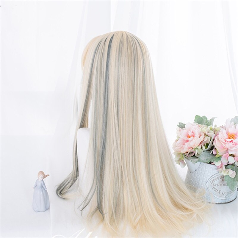 Cosplaysalon 67CM Blonde Mixed Ash Blue Ombre Long Wavy Bangs Cute Halloween Synthetic Hair Women Cosplay Wig