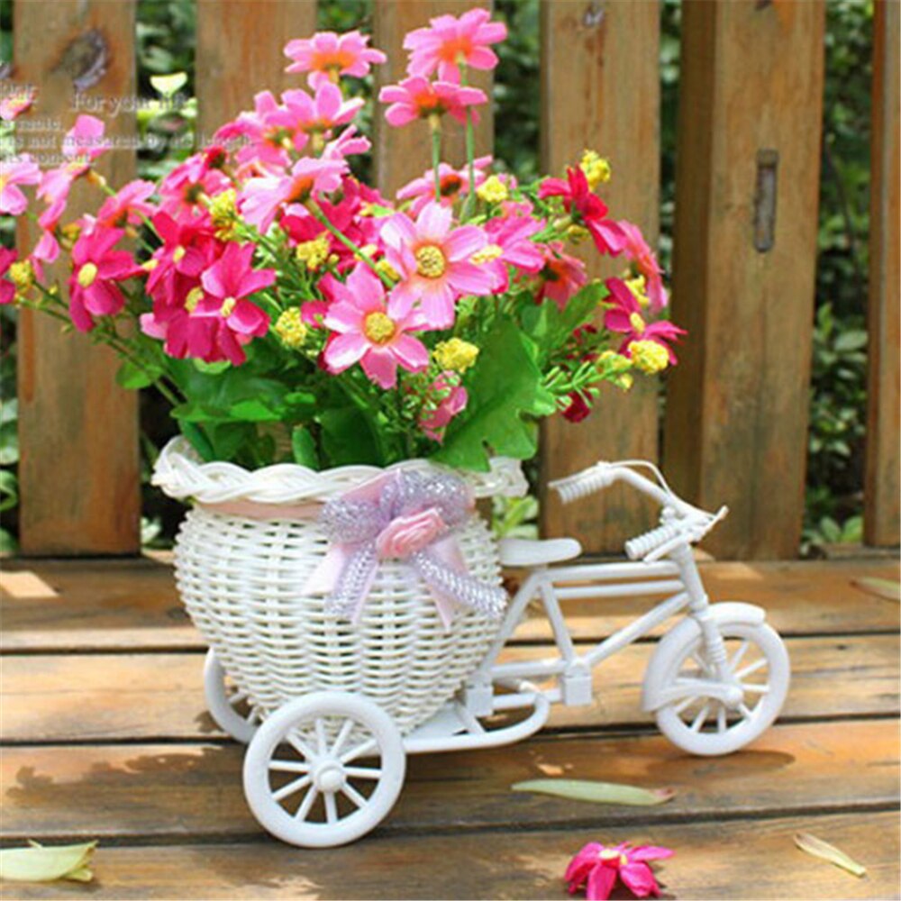 Cesta de flores en forma de bicicleta, decoración de jardín, cesta de flores de plástico blanca, de triciclo, almacenamiento, decoración de , macetas