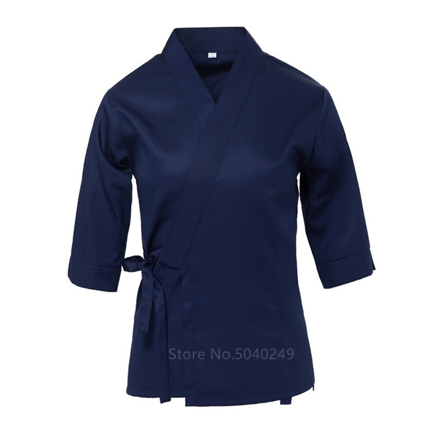 Giacca da cuoco kimono da uomo a mezza manica con scollo a v sottile blu giapponese da uomo con grembiule da donna Sushi cucinando Unfiorm