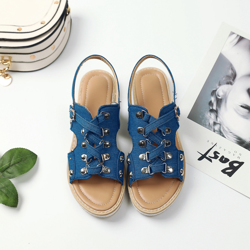 Timetang denim gladiator sandaler kvinder flade sandaler dame platform sandaler sommer sko kvinde sandaler femmese 402