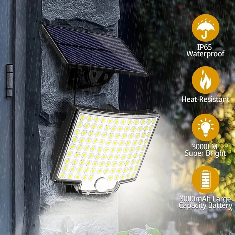 Luz de movimiento Solar de 106 LED, Panel separado para exteriores, luces de inundación solares, 4 modos de trabajo para luces de pared impermeables para jardín y garaje