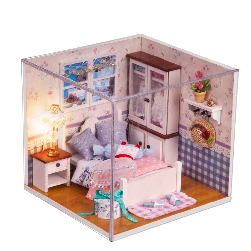 Poppenhuis DIY 3D Houten Meubels Poppenhuis Miniatuur Mini Stofkap Kit met LED Slaapkamer Poppenhuis Meisje Speelgoed voor Kinderen