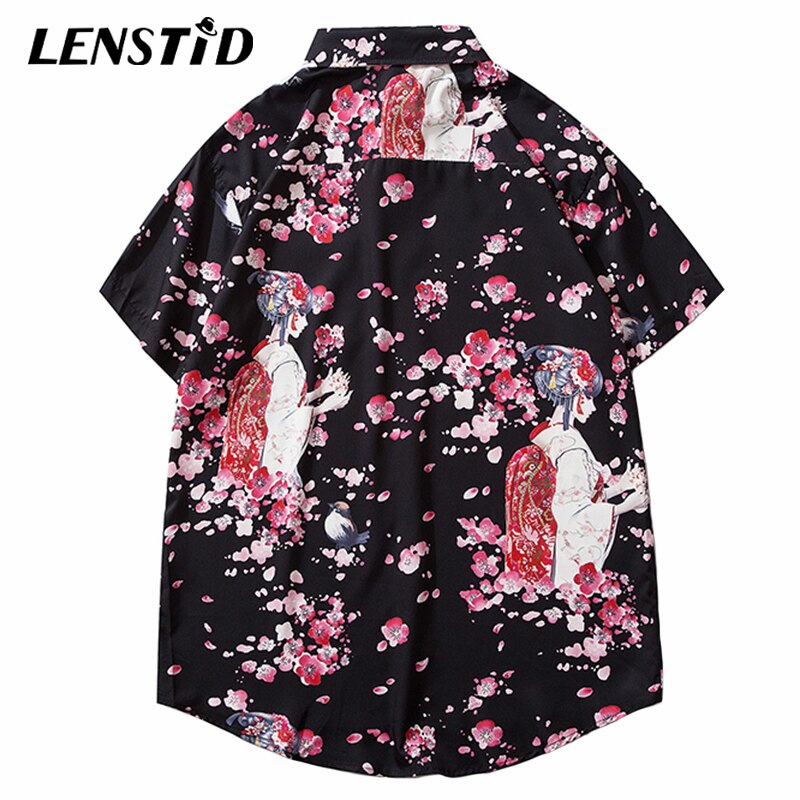 LENSTID Men Hip Hop Cartoon Floral Geisha Printed Hawaiian Shirt Harajuku Streetwear Beach Shirt Summer Short Sleeve Thin Shirts