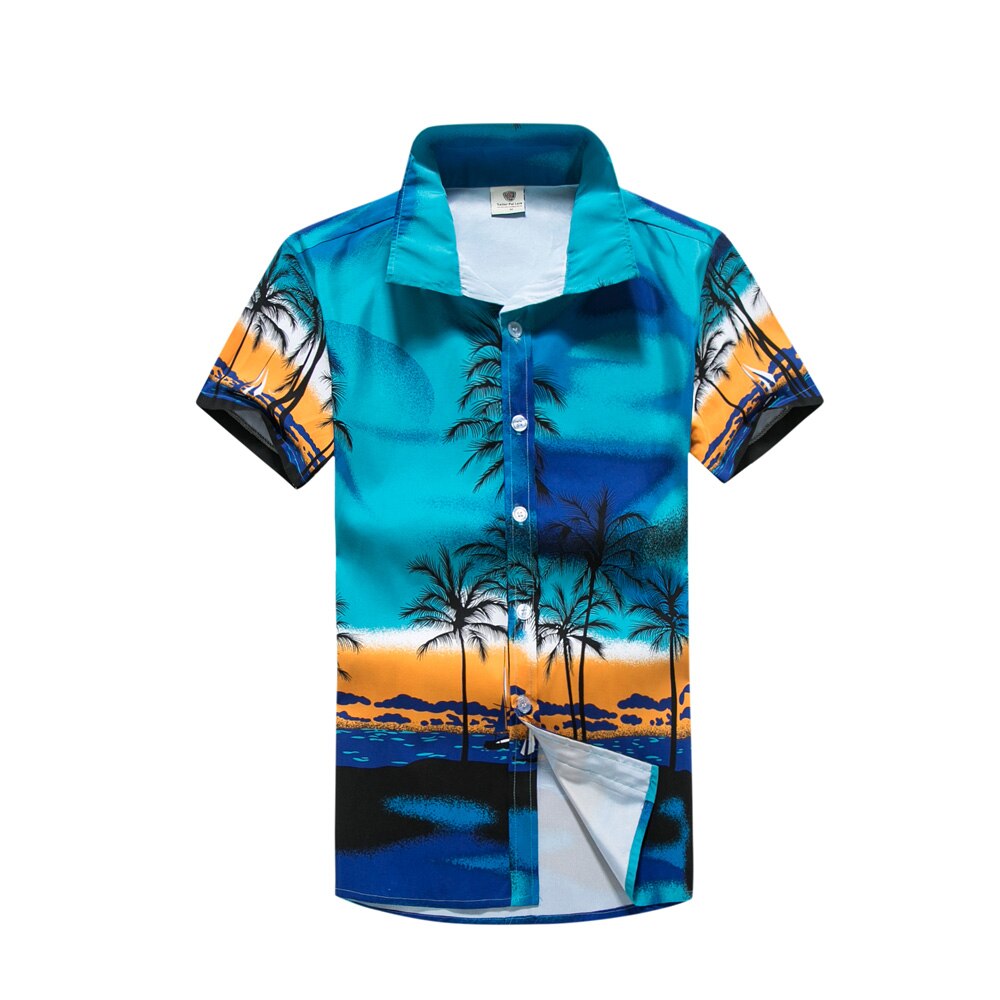 Summer Men Beach Shirts Tree Print Short Sleeve Button Leisure Hawaiian Shirts Men Casual Streetwear Summer Top Shirts Male: Dark Blue / L