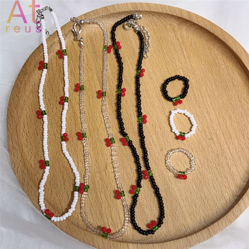 Zomer Strand Boho Transparante Kralen Cherry Sieraden Set Crystal Choker Ketting Voor Vrouwen Meisje Fruit Weave Kralen Armband Ring