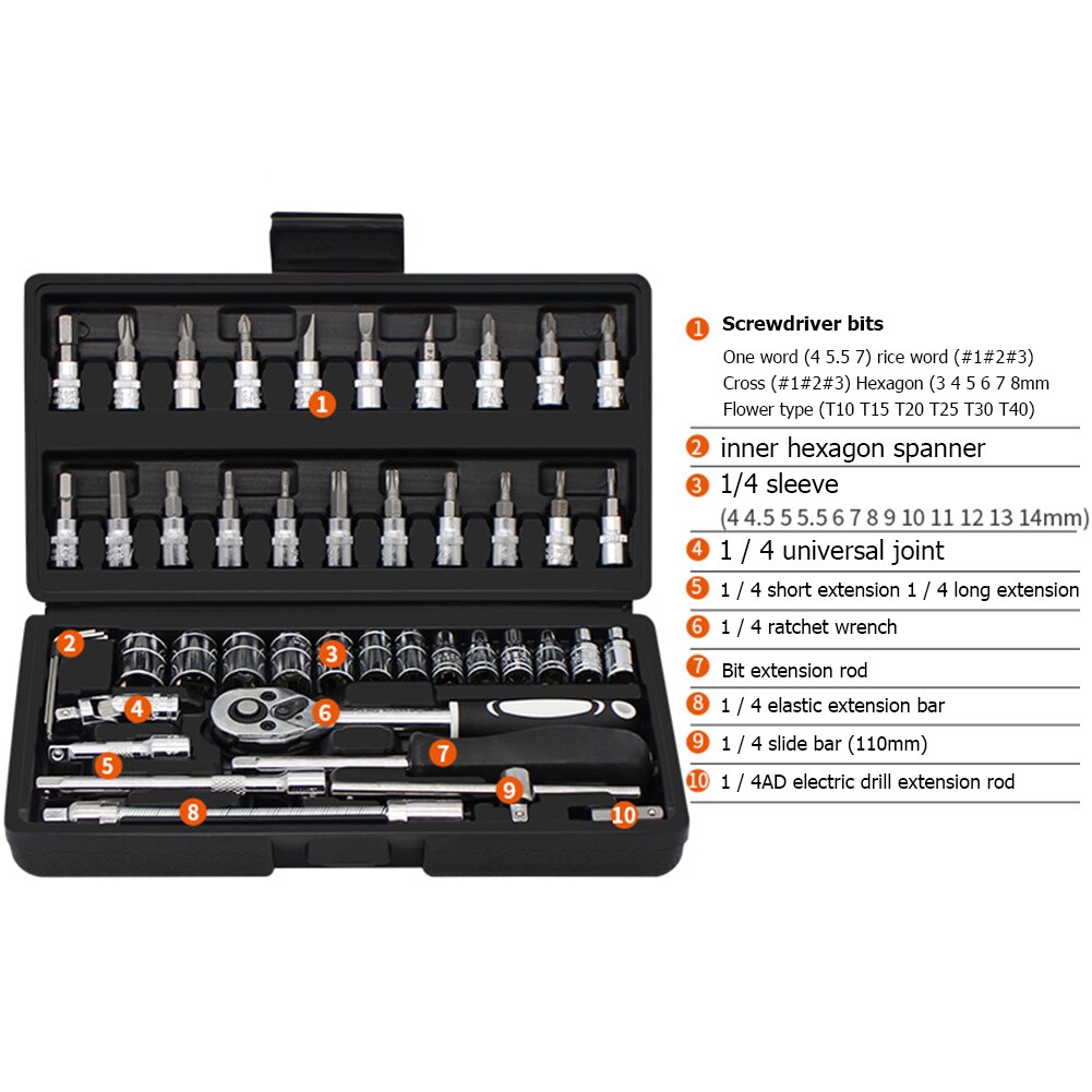 46pcs Multi-purpose Hardware Combination Toolbox Manual Repair Screwdriver Kit Hand Tools Ratchet Wrench Set