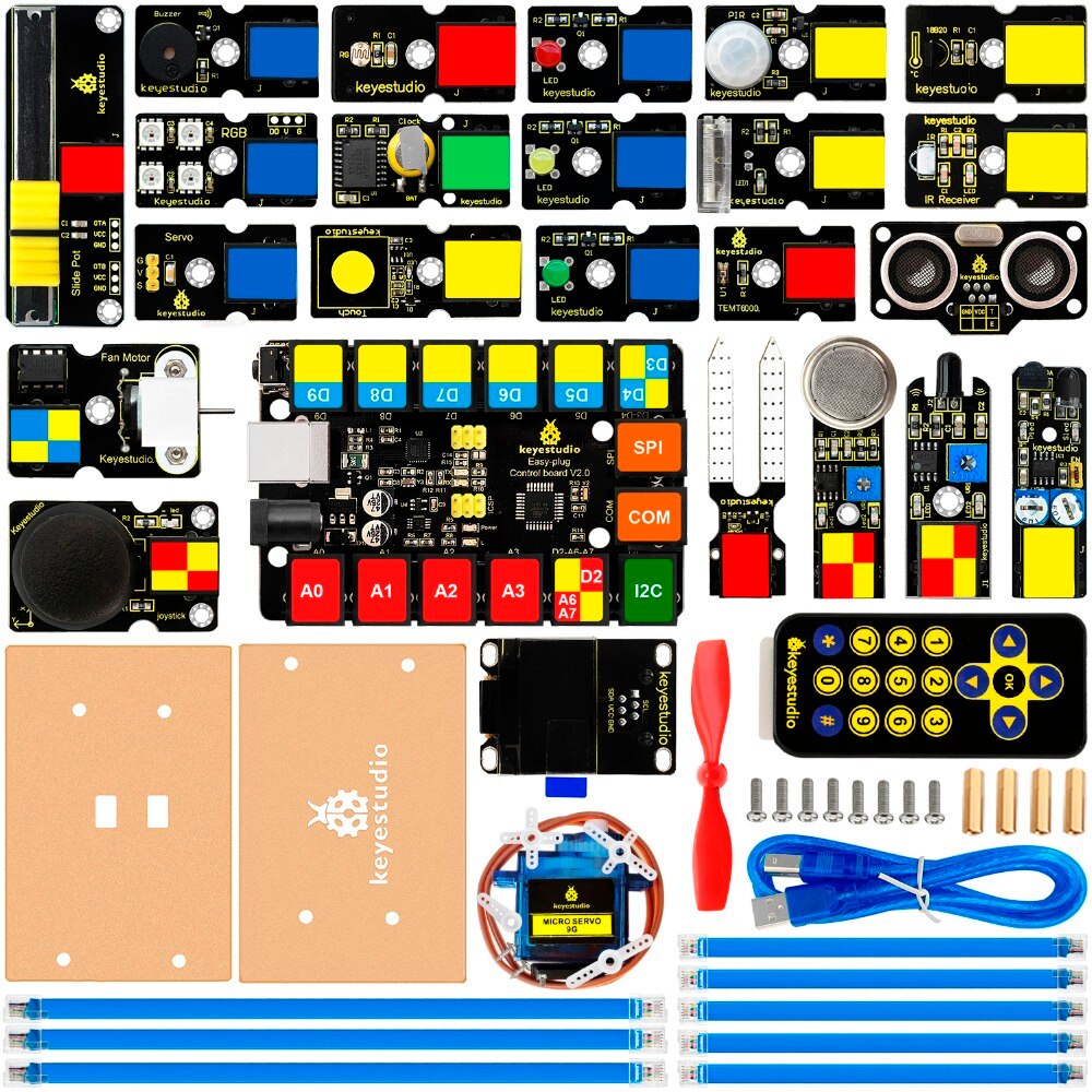 Kit de aprendizaje para principiantes KeyStudio, EASY plug RJ11 Ultimate, para Arduino STEM EDU, Compatible con bloques Mixly