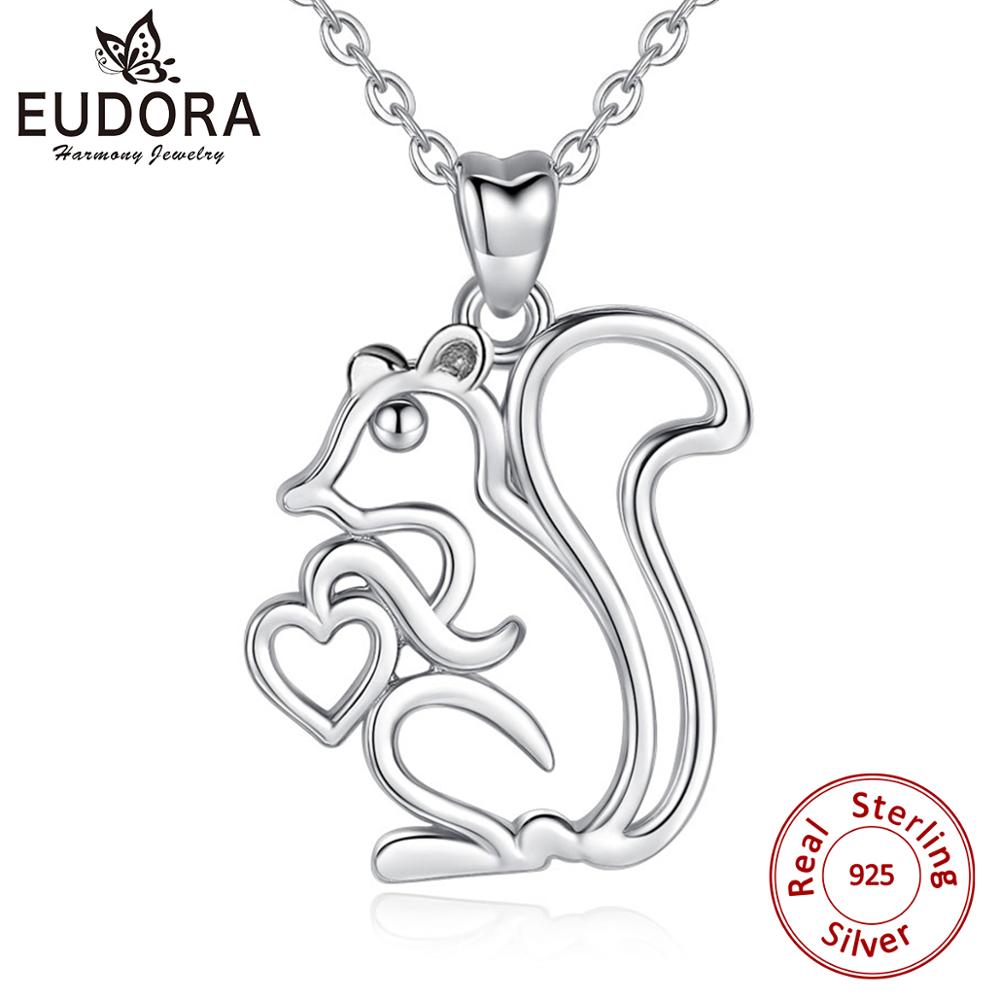 EUDORA 925 Sterling Silver Lovely Squirrel Pendant Big tail squirrel hearts pine cones Necklace Fun Fine Jewelry CYD284