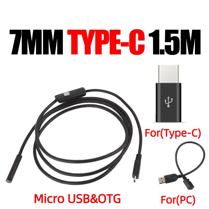 Endoskop til android telefon type c endoskopisk led  ip67 inspektionskamera endoskop smartphone til biler endoskop type c fleksibel: Type  c 7mm 1.5m
