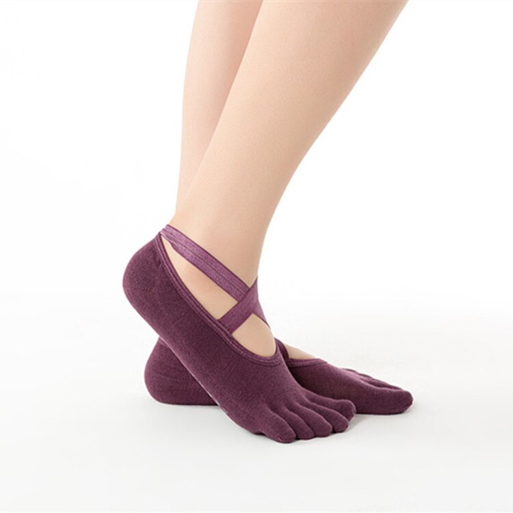 Vrouwen kruis yoga sokken dames antislip danssokken sport katoenen sokken sportschool fitness vijf tenen sokken kruis elastisch: Volle tenen paars