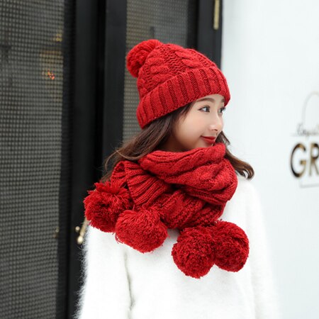 Dames winter muts sjaal set wol gebreide muts vrouwelijke bont pompon mutsen voor vrouwen dames kap dikke warme skimuts kraag: Rood