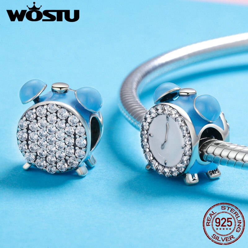 WOSTU Echt 925 Sterling Zilver De Wekker, blue Enamel CZ Charm fit Kralen Armband Bangles DIY Sieraden FIC659