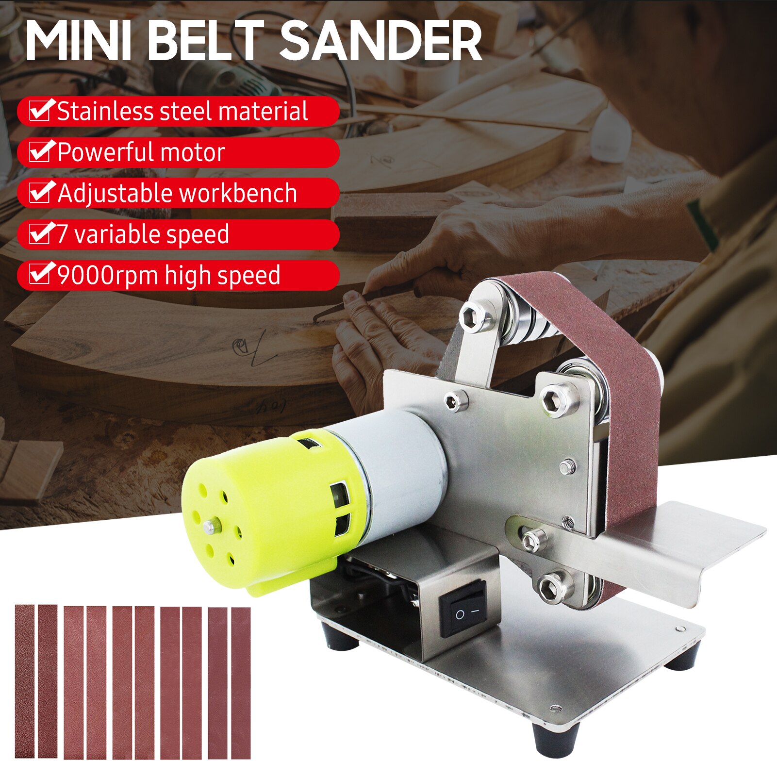 Mini Belt Sander Electric Sanding Polishing Grinding Machine 7 Variable Speed with 10 Sanding Belts Polishing Wood Acrylic Metal