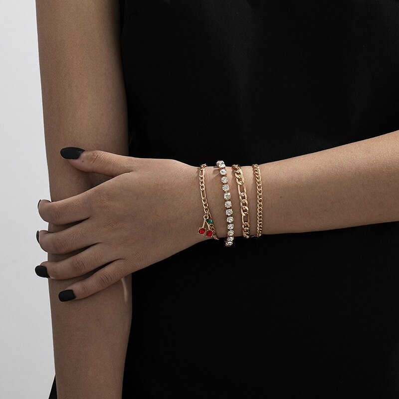 Populaire ins kersen armbanden voor vrouwen meerlaagse strass schakelketting bedelarmband dames sieraden