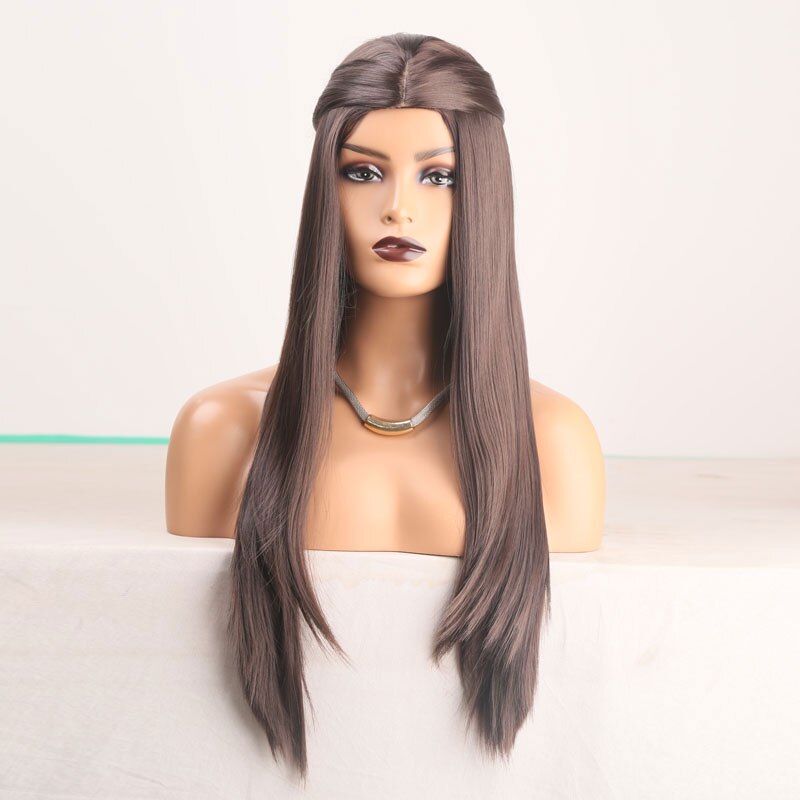 Bombshell Dark Brown Silky Straight Synthetic Hair Wig Glueless Heat Resistant Fiber Hair Middle Parting For Women Wigs