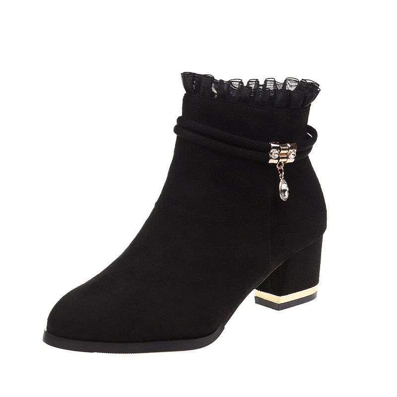 Bottines en dentelle à volants pour femme, chaussures courtes de soirée, élégantes, à talons hauts, Style anglais, chaudes, hiver: 38