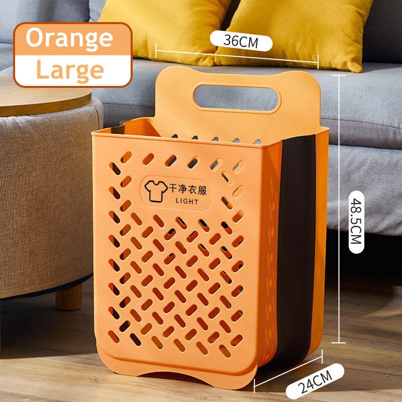 Panier de rangement pour vêtements sales, grand panier à linge mural, pliable, sans perforation, pour la maison: Orange-Large