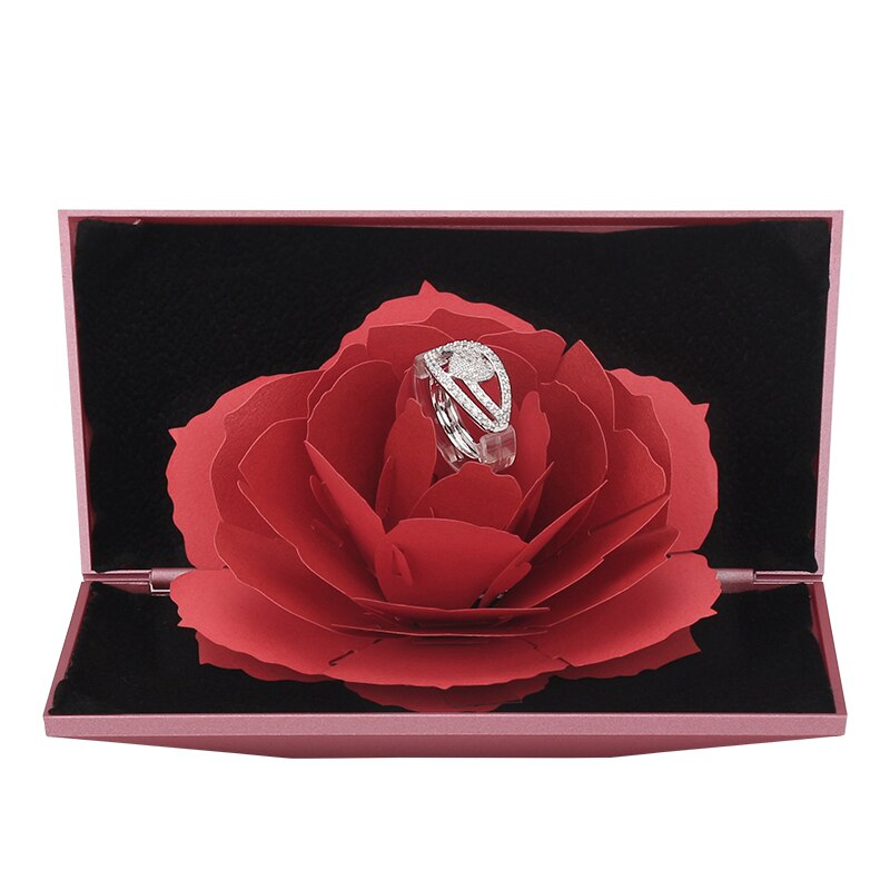 3D Rings Joyful Red Box Wedding Engagement Case Rose Flower For Love Jewelry Display Storage Holder
