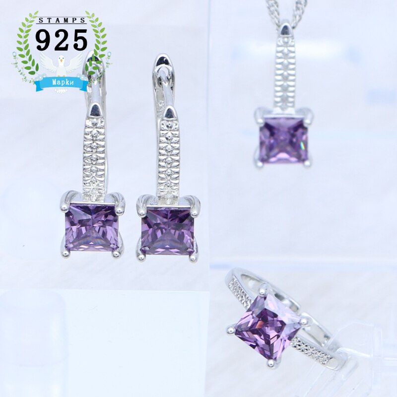 Mujer pendientes anillo colgante collar 925 joyería de plata cuadrado granate piedra roja conjunto de joyas accesorios de boda: Morado