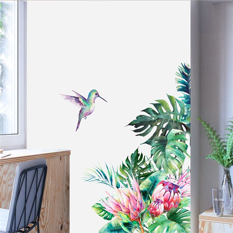 Tropische bladeren, bloemen, vogel, muurstickers, slaapkamer, woonkamerdecoratie, muurschildering, woondecoratie, verwijderbare stickers, behang