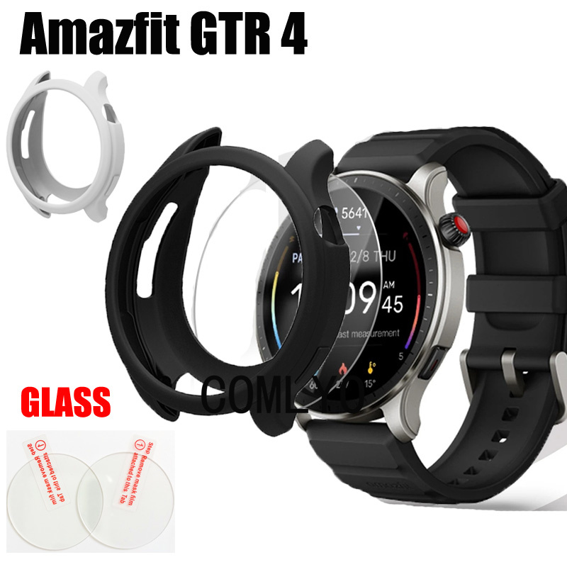 For Amazfit GTR 4 Case Silicone Soft Protective Shell Bumper half Cover Glass Screen Protector Film