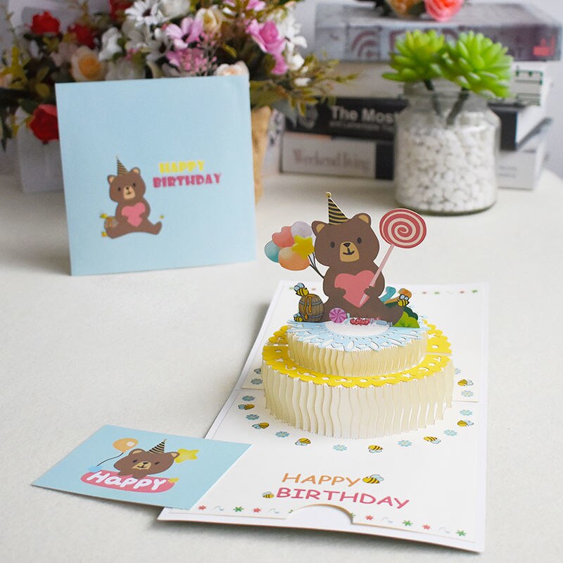 3D Pop-Up Cards Birthday Card For Girl Kids Wife Husband Birthday Cake Unicorn Bear Merry-go-round Greeting Card: Bear