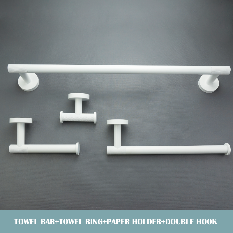 Juego de accesorios de baño blanco mate, soporte de toalla de baño, soporte de papel, gancho para bata, cepillo de inodoro, jabonera, estante de toalla